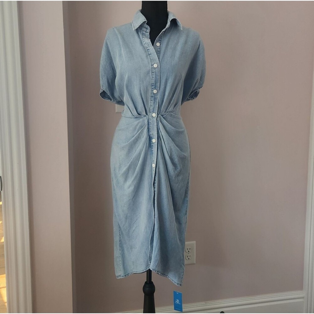 NWT CUPSHE Denim Midi Shirt Dress Blue Button Up Dolman Sleeve Sash Waist Medium - Picture 11 of 13